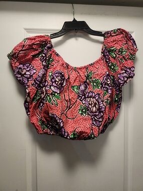 GRASS -FIELDS Pink Floral Puff-Sleeve Crop Top with Elastic Hem
